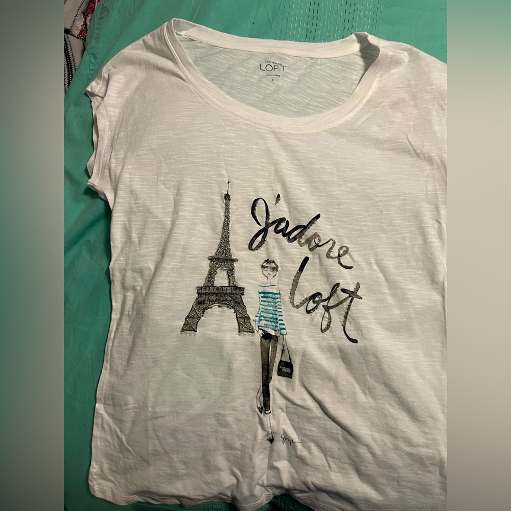 LOFT White T Shirt Short Sleeved w/sketch S